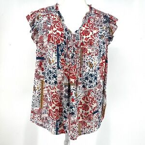 daniel rainn Womens Sleeveless Blouse XL Red Blue Floral Ruffle Sleeve V Neck